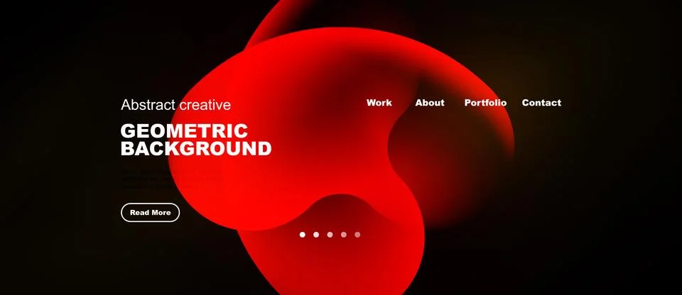Dark website mockup features red abstract shapes, text elements, navigation.. 库存插图
