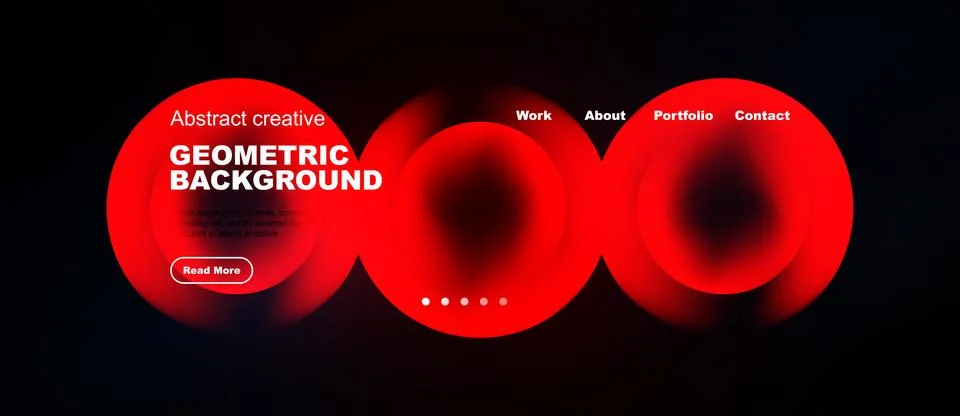 Dark website mockup features red geometric shapes, text elements, navigation Illustrazione stock