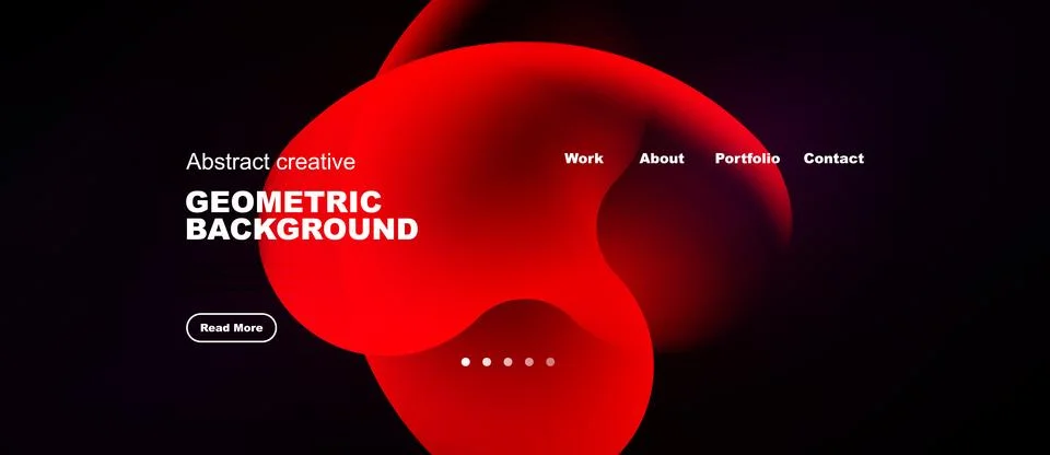 Dark website mockup features red abstract shapes, text elements, navigation.. Stock Illustration