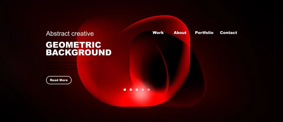 Dark website mockup features red abstract shapes, text elements, navigation.. Stock Illustration