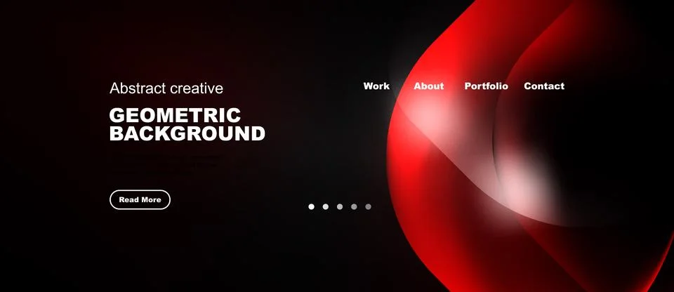 Dark website mockup features red abstract shapes, navigation menu. Text inc.. イラスト素材