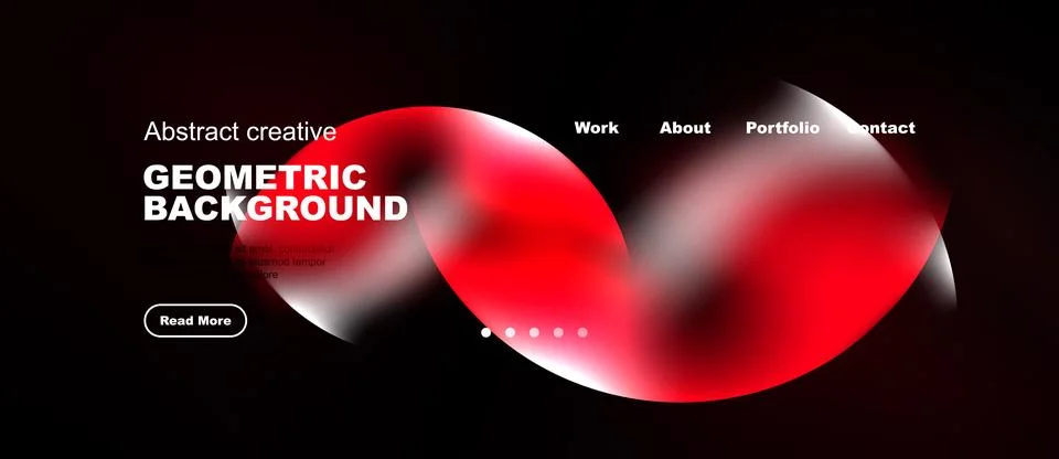 Dark website mockup features red abstract shapes, navigation menu. Text inc.. Stock Illustration