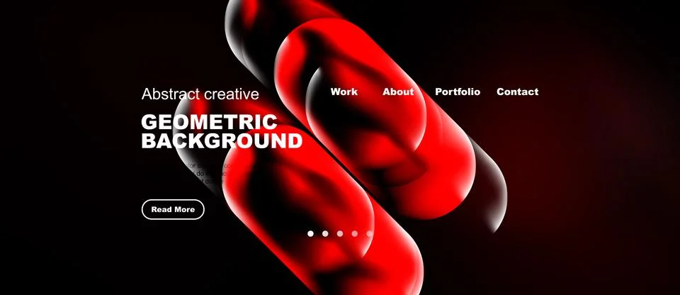 Dark website mockup features red abstract shapes, text elements. Navigation Ilustración de archivo