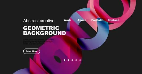 Dark website mockup features vibrant abstract shapes, text elements, navigation Stockillustratie