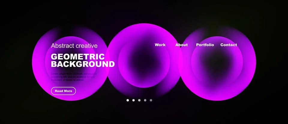 Dark website mockup features vibrant pink circles. Text details geometric イラスト素材