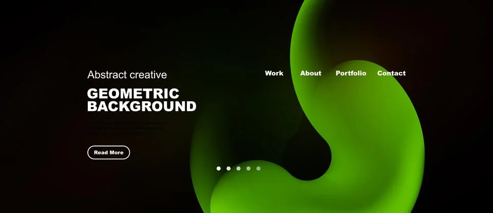 Dark website mockup features vibrant green abstract shapes, text elements, Stock-Illustration