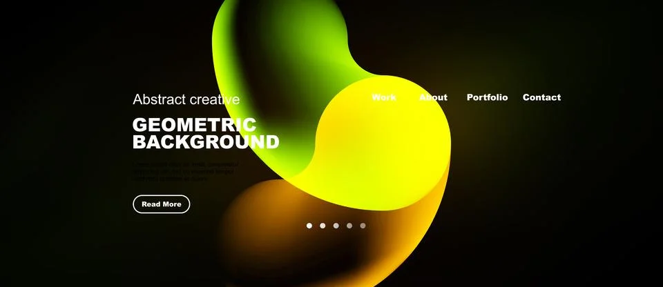 Dark website mockup features vibrant fluid shapes, text elements, navigation Ilustração Stock
