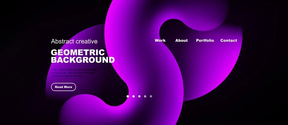 Dark website mockup features vibrant purple fluid shapes, text elements, Stock Illustration