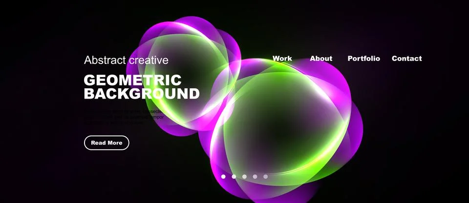 Dark website mockup features vibrant geometric shapes, text elements, navig.. Stock Illustration