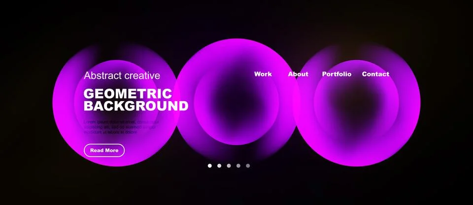 Dark website mockup features vibrant purple circles, text elements, navigatio Illustrazione stock