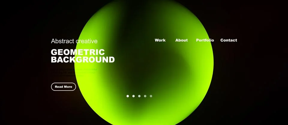 Dark website mockup features vibrant green circular design. Text elements Illustrazione stock