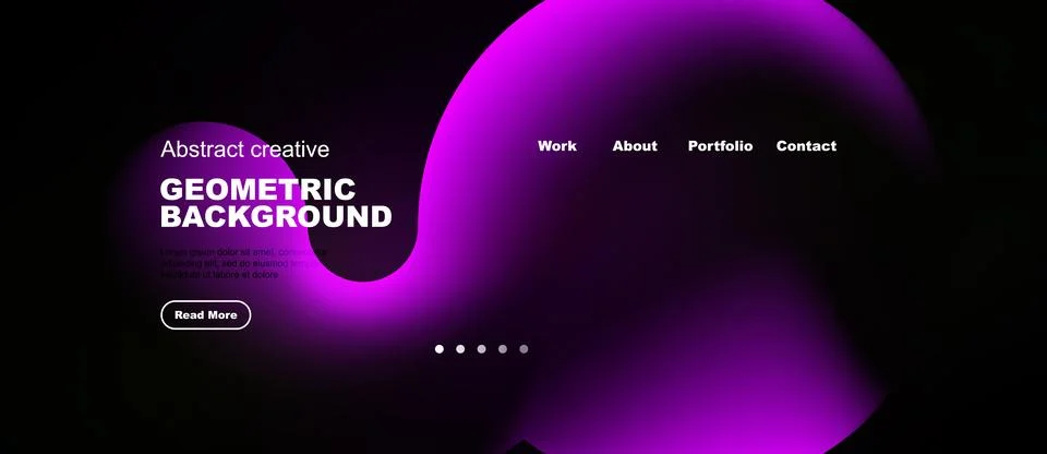 Dark website mockup features vibrant purple abstract shapes, text elements, Stockillustratie