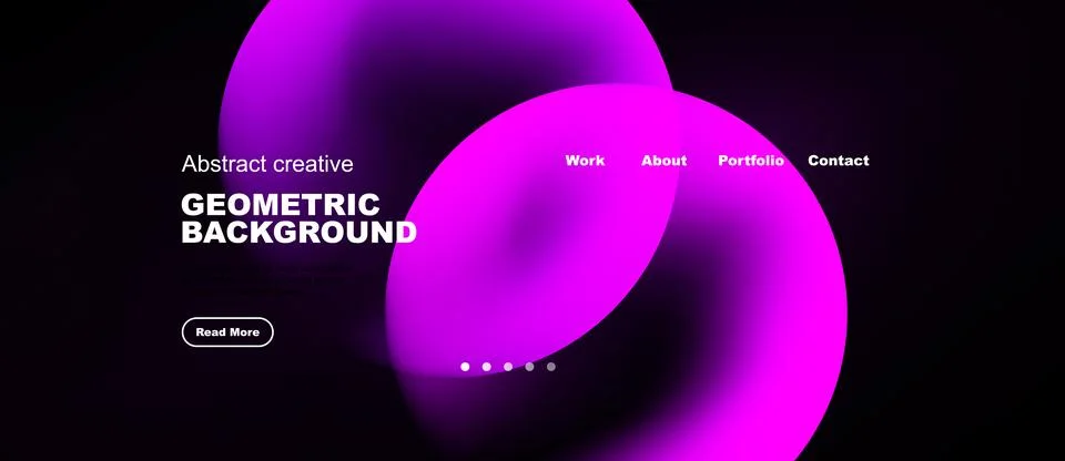 Dark website mockup features vibrant pink abstract shapes, navigation menu,.. Stockillustratie