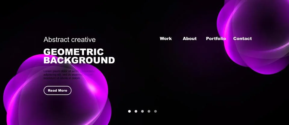 Dark website mockup features vibrant purple abstract shapes, text elements, Stock Illustration