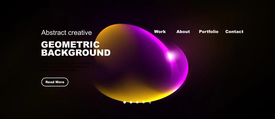 Dark website mockup features vibrant abstract shapes, text elements, navigati 스톡 일러스트