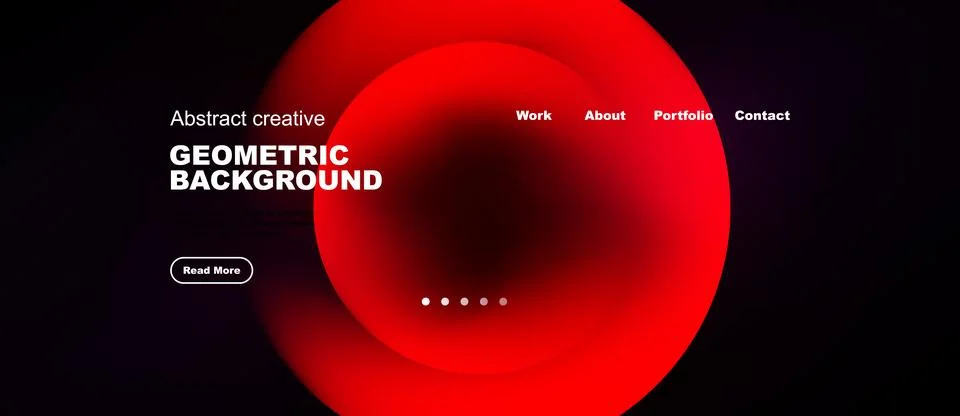 Dark website mockup features vibrant red circular design. Text elements pre.. 库存插图