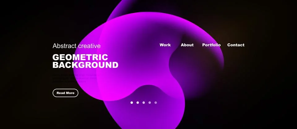Dark website mockup features vibrant purple abstract shapes, text elements, Stockillustratie