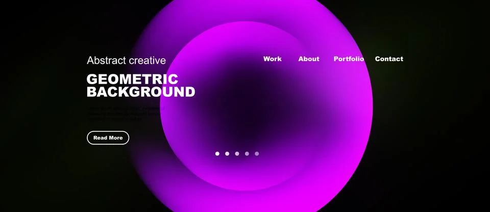 Dark website mockup features vibrant purple geometric shapes. Text includes.. Stock Illustration