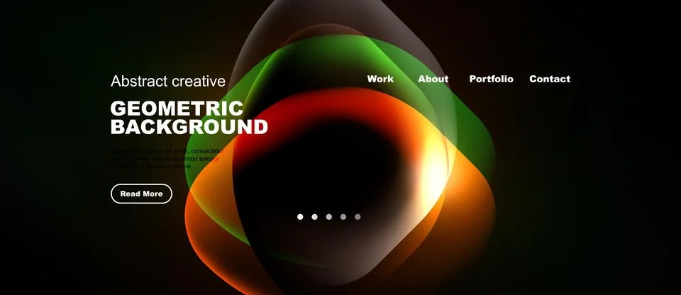 Dark website mockup features vibrant abstract shapes, text elements, navigati Stock Illustration