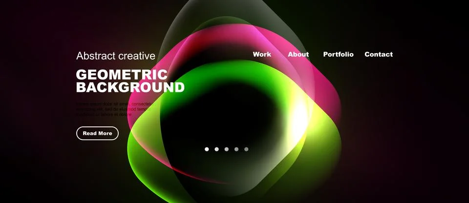 Dark website mockup features vibrant abstract shapes, text elements, navigati イラスト素材