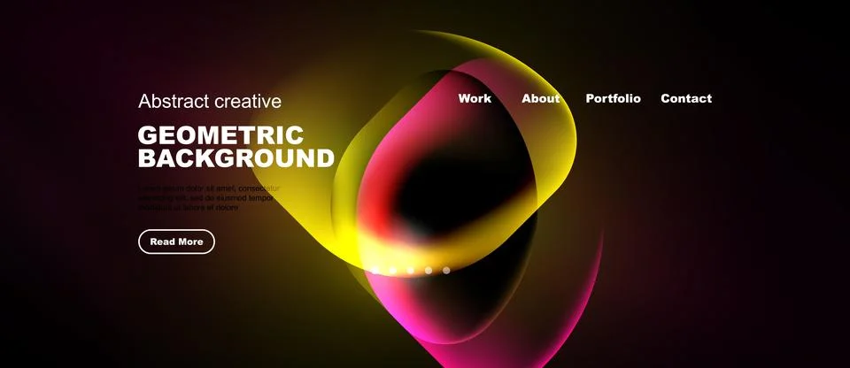 Dark website mockup features vibrant abstract shapes, text elements, navigati Stock Illustration