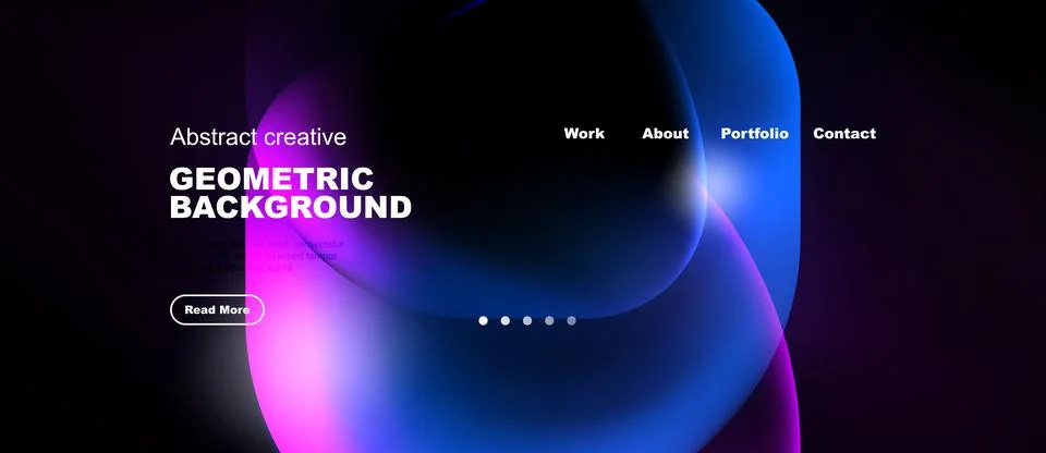 Dark website mockup features vibrant abstract shapes, text elements, navigati イラスト素材