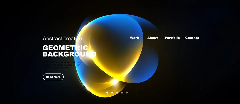 Dark website mockup features vibrant abstract shapes, text elements, navigati イラスト素材