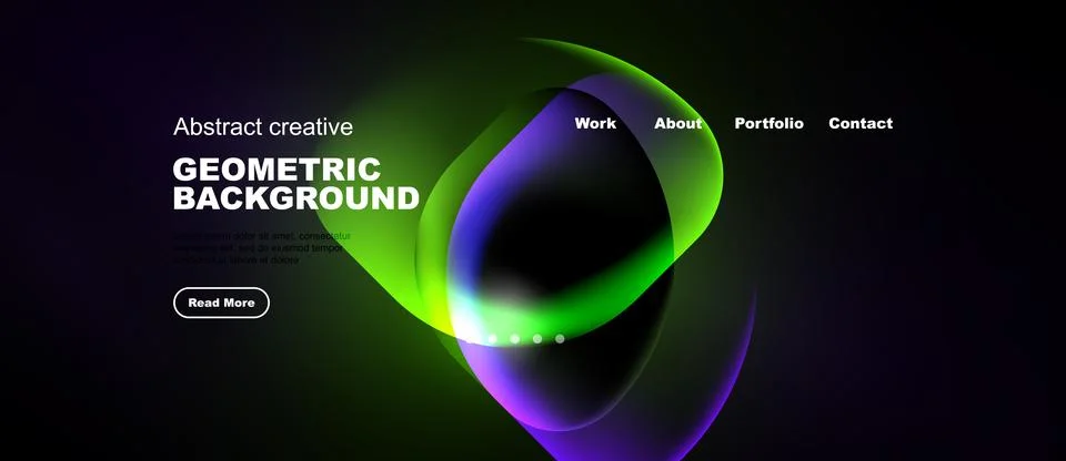 Dark website mockup features vibrant abstract shapes, text elements, navigati イラスト素材