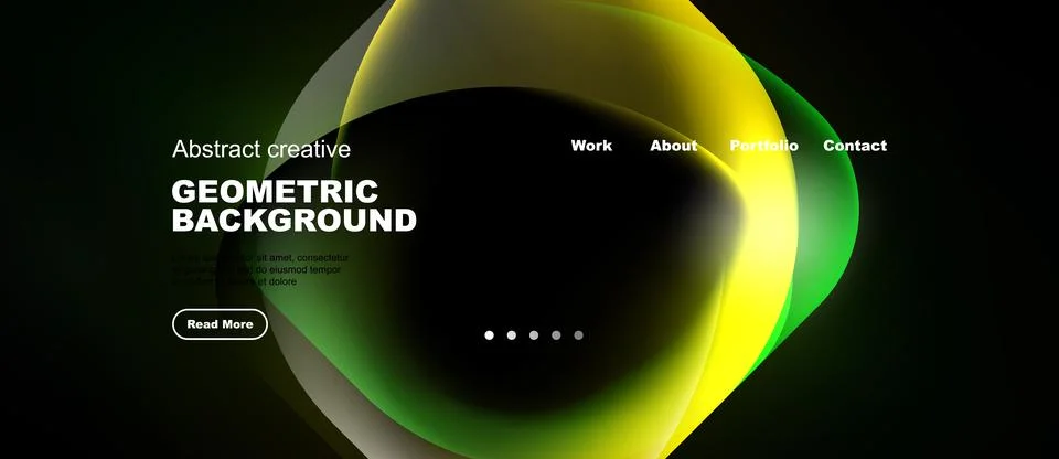 Dark website mockup features vibrant, flowing geometric shapes. Text elements 库存插图