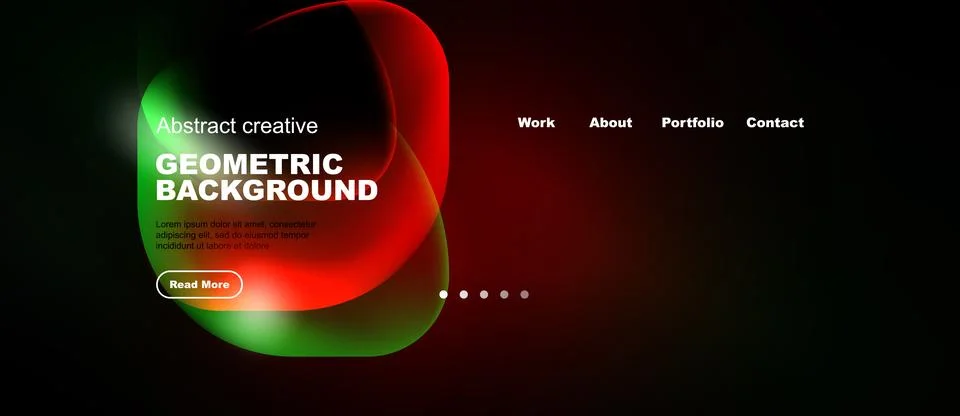 Dark website mockup features vibrant geometric shapes, text, navigation menu. Illustrazione stock