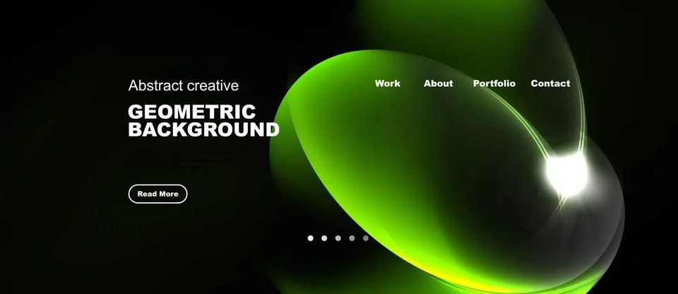 Dark website mockup features vibrant green abstract shapes, navigation menu, Illustrazione stock