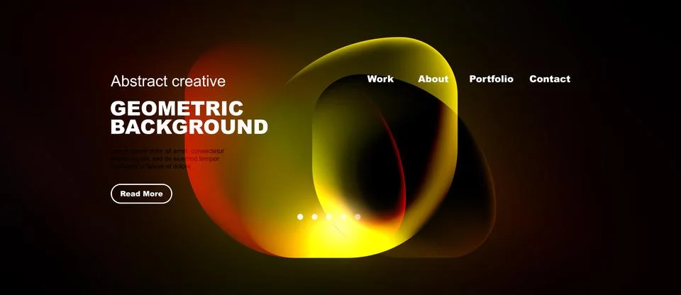 Dark website mockup features vibrant abstract shapes, text elements, navigati Stock Illustration