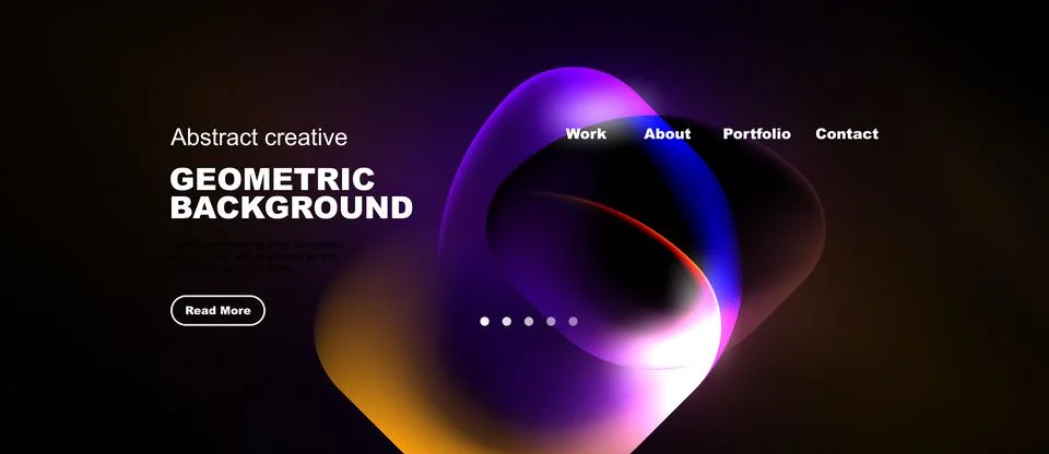 Dark website mockup features vibrant purple, orange shapes. Text includes Stock Illustration