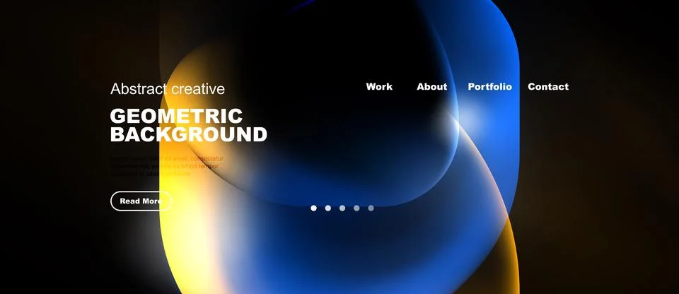 Dark website mockup features vibrant abstract shapes, text overlays, navigati Illustrazione stock