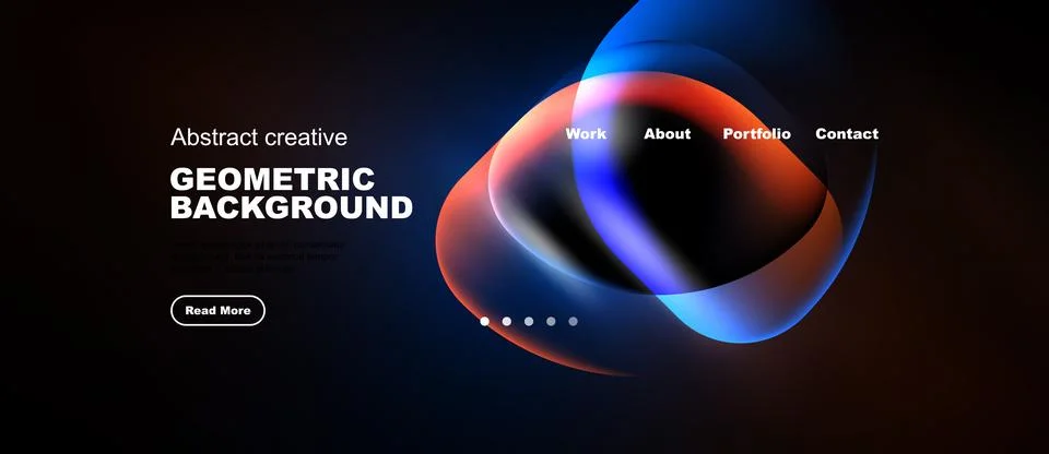 Dark website mockup features vibrant abstract shapes, text elements, navigati Stock Illustration