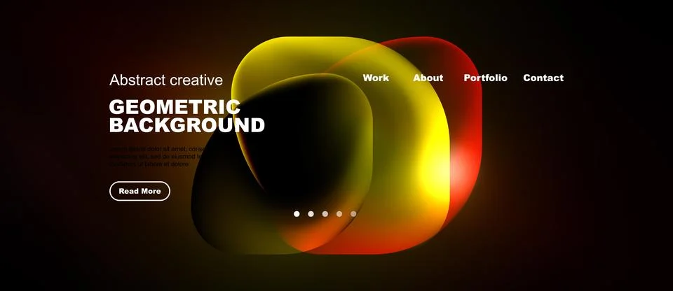 Dark website mockup features vibrant abstract shapes, text elements, navigati Illustrazione stock