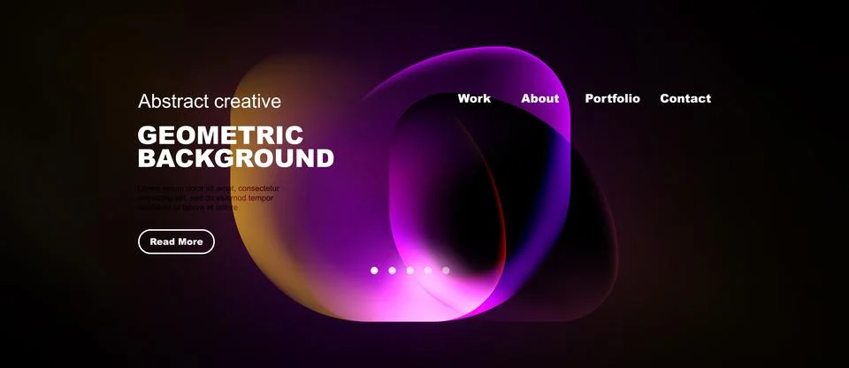 Dark website mockup features vibrant abstract shapes, text elements, navigati Illustrazione stock