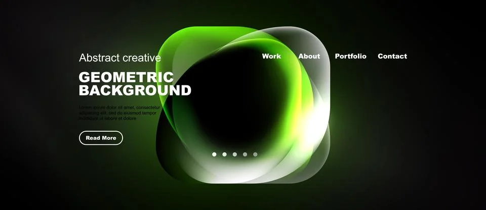 Dark website mockup features vibrant green abstract shapes. Navigation includ Illustrazione stock