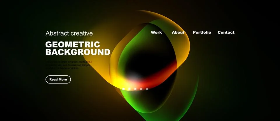 Dark website mockup features vibrant abstract shapes, text elements, navigati Stock Illustration