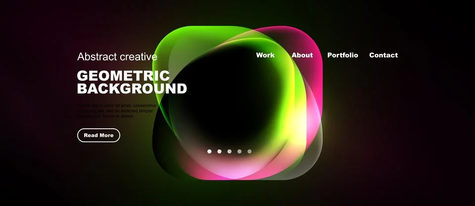 Dark website mockup features vibrant geometric shapes, text overlays, navig.. 스톡 일러스트