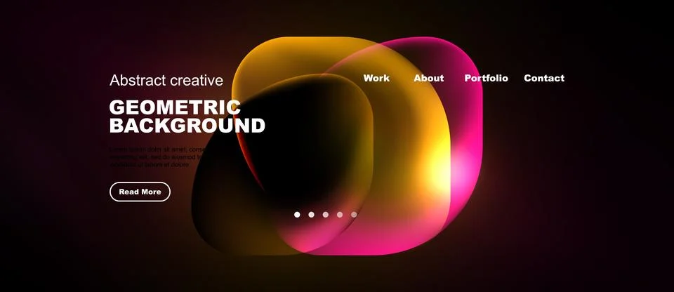 Dark website mockup features vibrant abstract shapes, text elements, navigati Stock Illustration