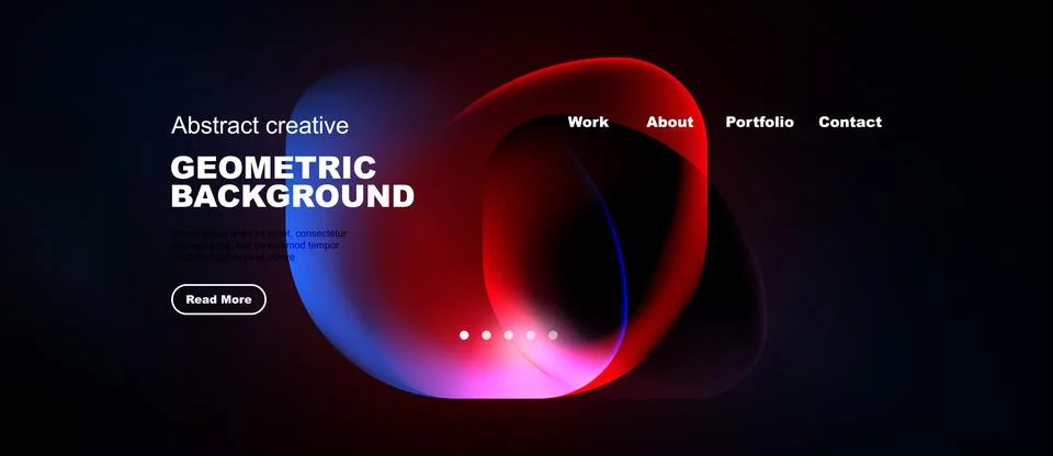Dark website mockup features vibrant abstract shapes, text elements, navigati 스톡 일러스트