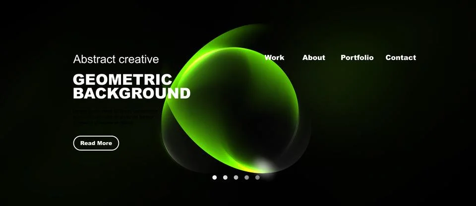 Dark website mockup features vibrant green abstract shapes, text elements, Stock Illustration
