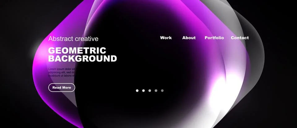 Dark website mockup features vibrant purple geometric shapes. Text elements Illustrazione stock