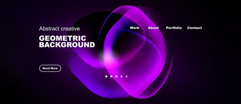Dark website mockup features vibrant purple geometric shapes, text elements, Illustrazione stock
