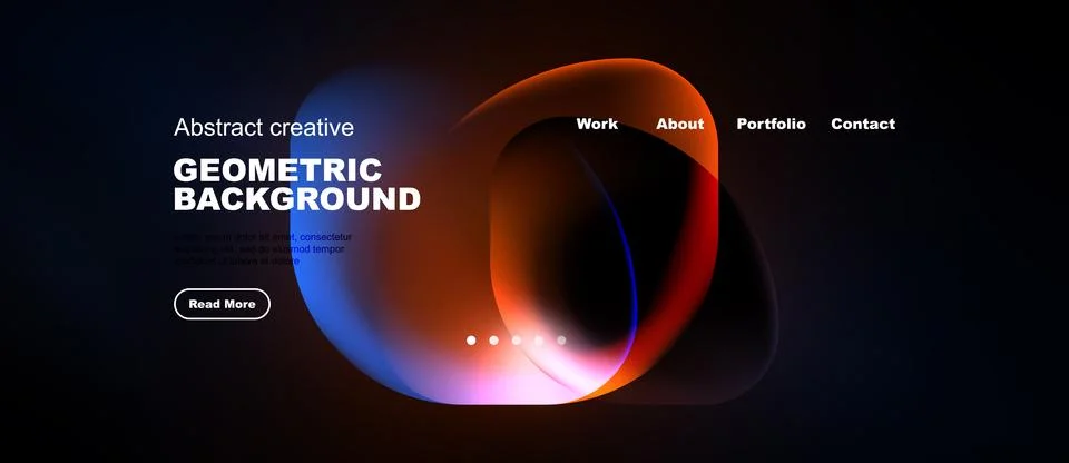 Dark website mockup features vibrant abstract shapes, text elements, navigati Stock Illustration