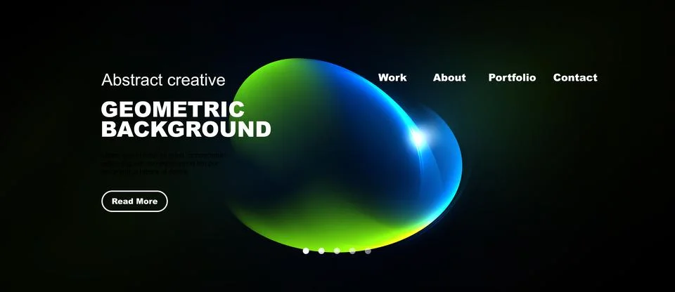 Dark website mockup features vibrant abstract shapes, text elements, navigati Stock Illustration