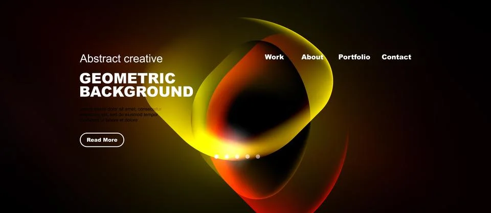Dark website mockup features vibrant abstract shapes, text elements, navigati Stock Illustration