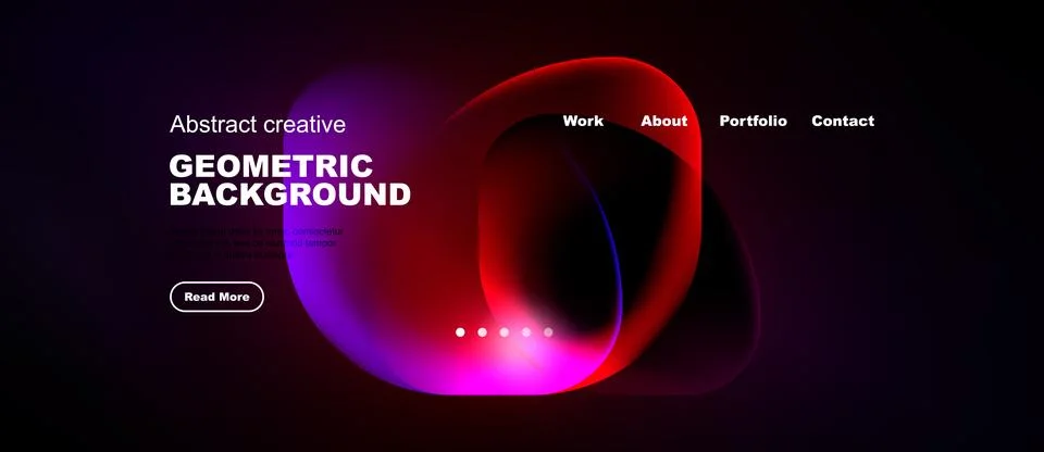 Dark website mockup features vibrant abstract shapes, text elements, navigati Illustrazione stock