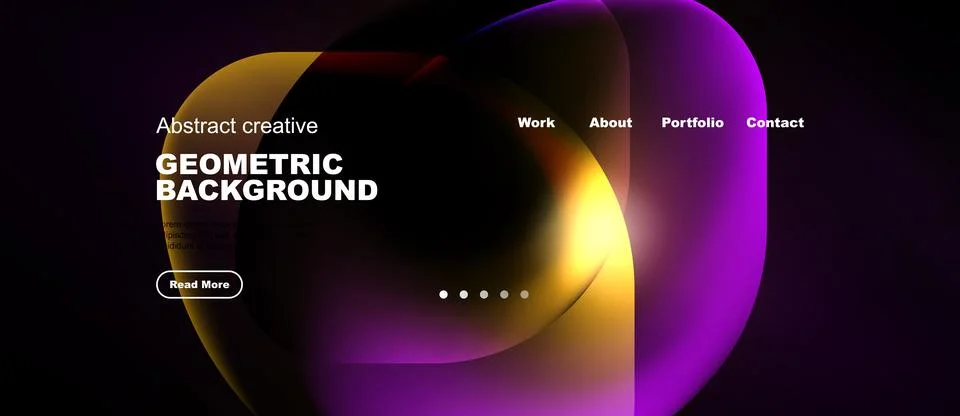 Dark website mockup features vibrant abstract shapes, text elements, navigati Stock Illustration